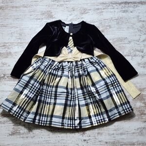 Girls Bonnie Jean Holiday Dress Plaid Black Gold Plaid 3T